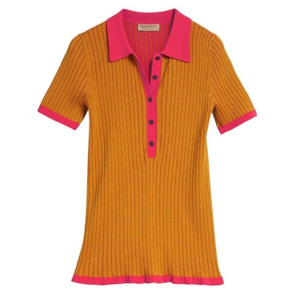 BURBERRY
Ladies Knit Tops Solid Ochre Colorblock Ribbed Polo Shirt